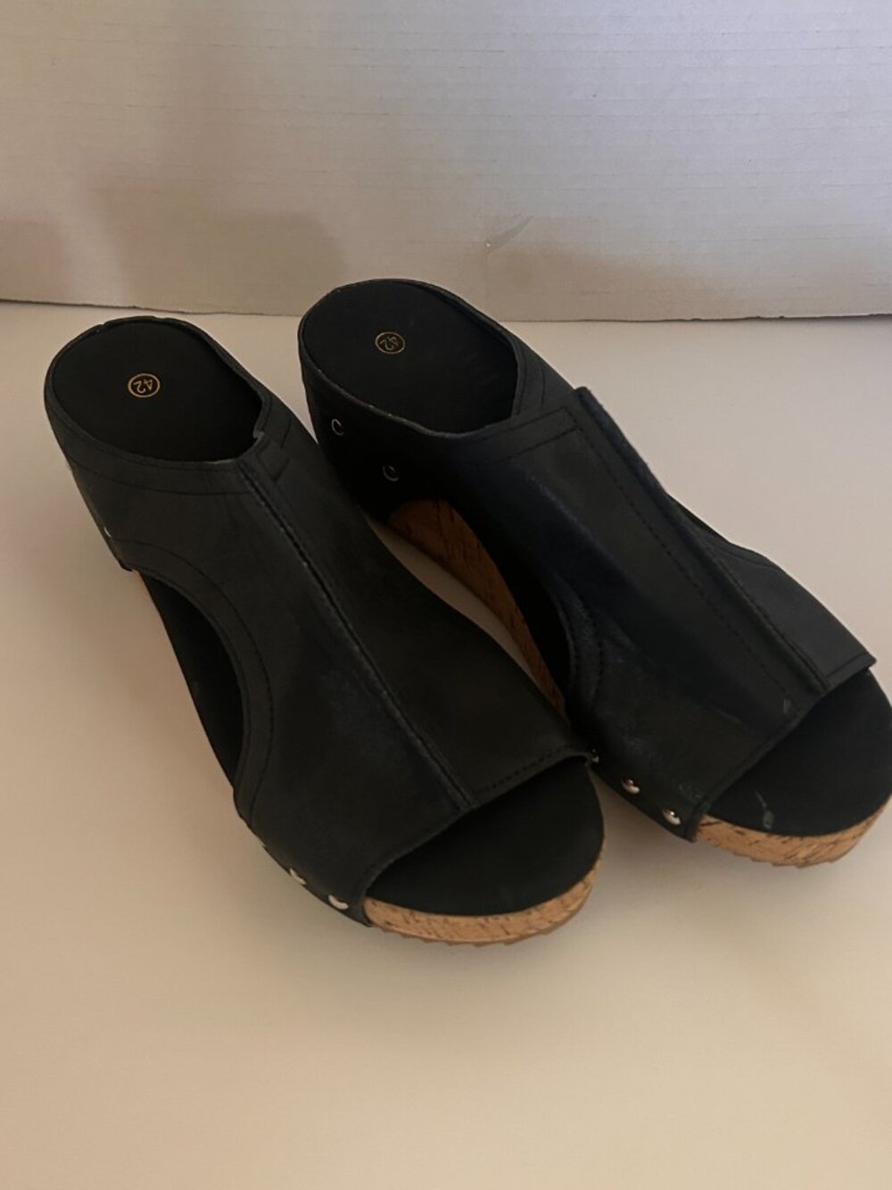 Black Platform Mule Sandals Cork Wedge Slides Studded Open Toe EU 42 - Picture 7 of 9